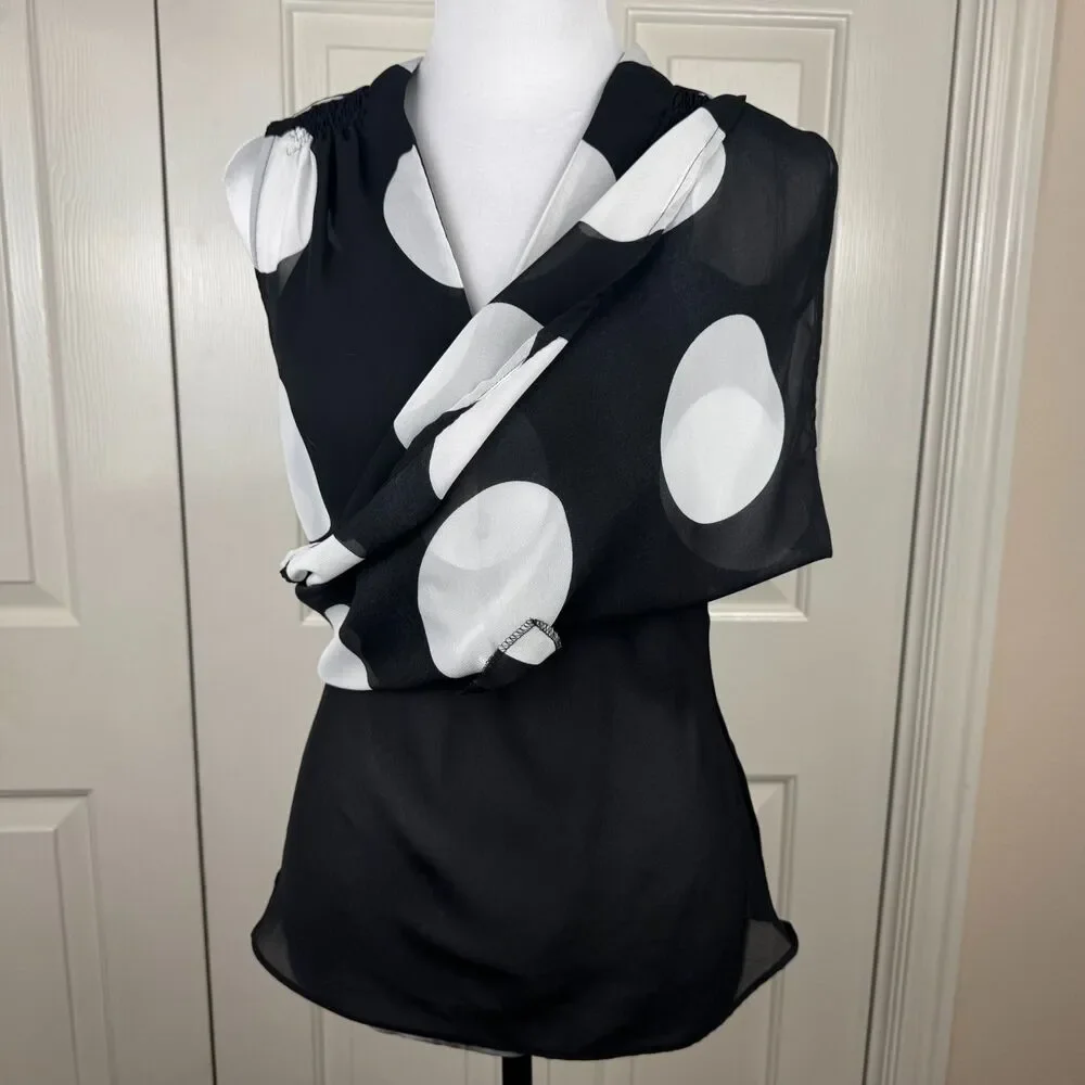 ECI Blouse Sz S Sheer Black White Large Polka Dot Front Buttons VNeck Sleeveless - Picture 5 of 9